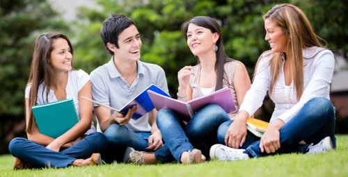 Happy group of students sitting at the park talking